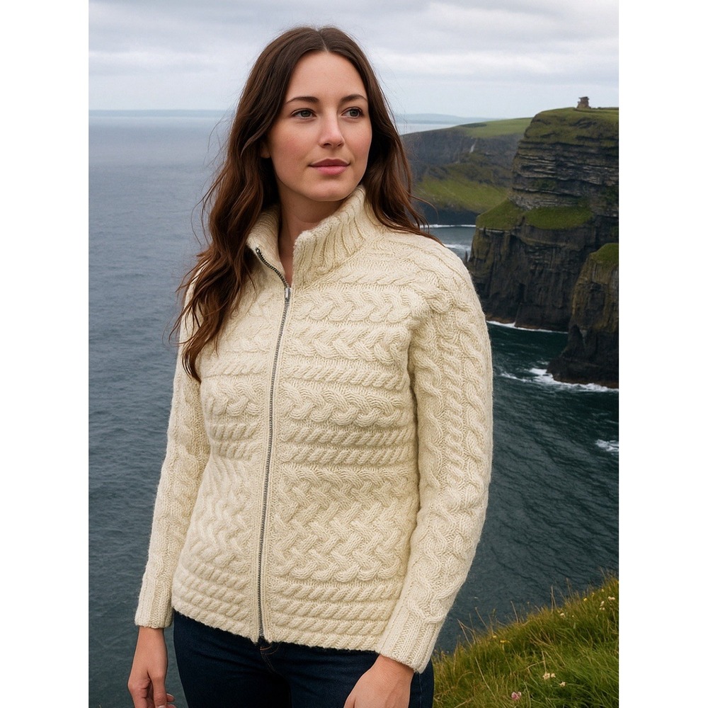 Carraig Donn Fisherman Sweater Cream Cable Knit Wool Ireland Zip Womens Medium‎